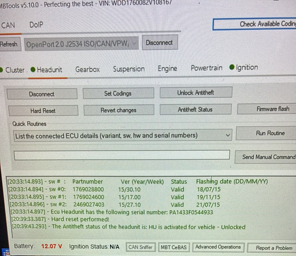 MBTools confirming that the Mercedes headunit antitheft status is unlocked