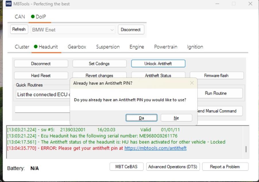 MBTools prompt asking whether the user already has a Mercedes antitheft PIN