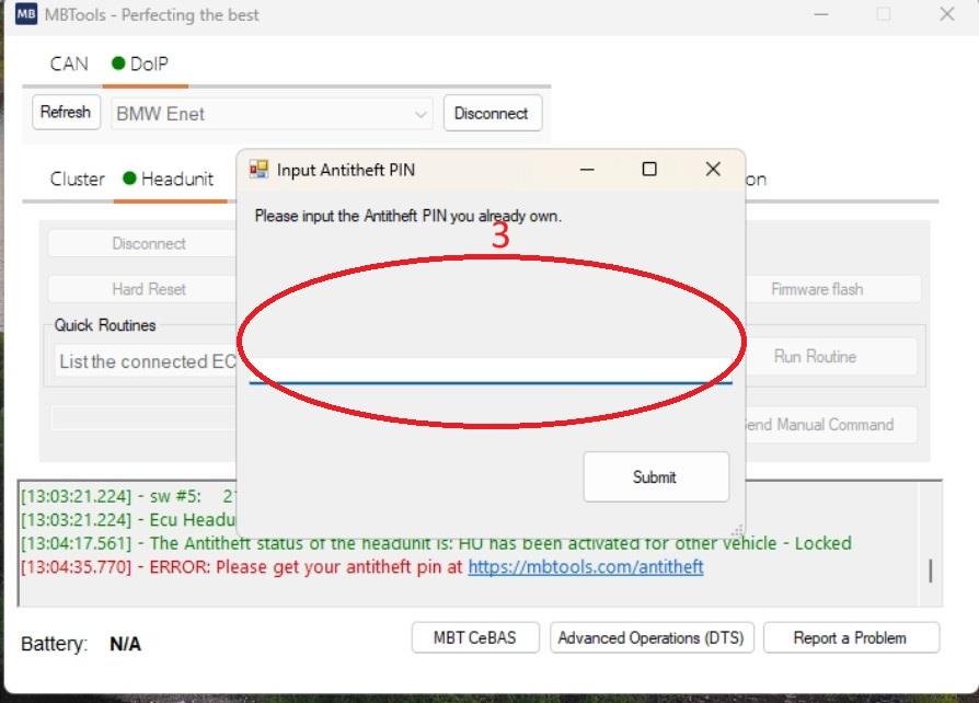 MBTools dialog for entering a Mercedes headunit antitheft PIN