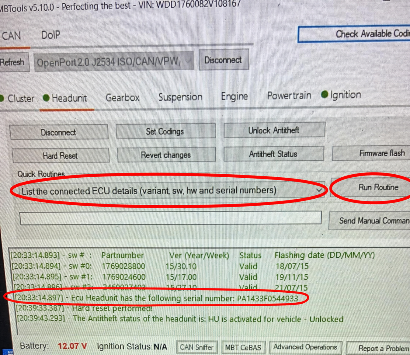 MBTools Quick Routines menu and Run Routine button highlighted with the headunit serial number highlighted in the log